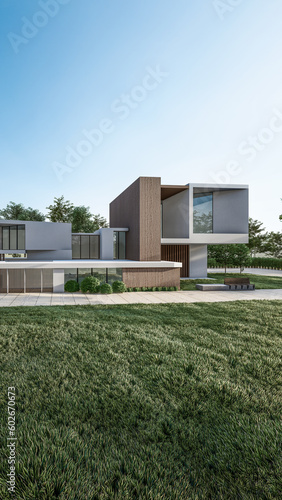 Architecture 3d rendering illustration of minimal modern house with natural landscape 