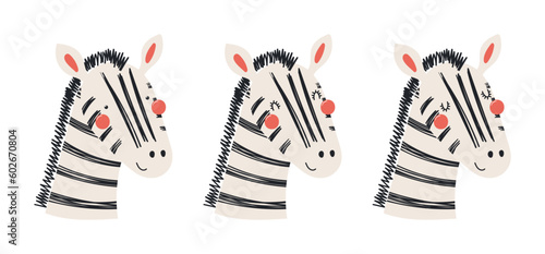 Cute funny zebra faces illustrations set. Hand drawn cartoon character. Scandinavian style flat design, isolated vector. Kids print element, poster, card, wildlife, nature, baby animals