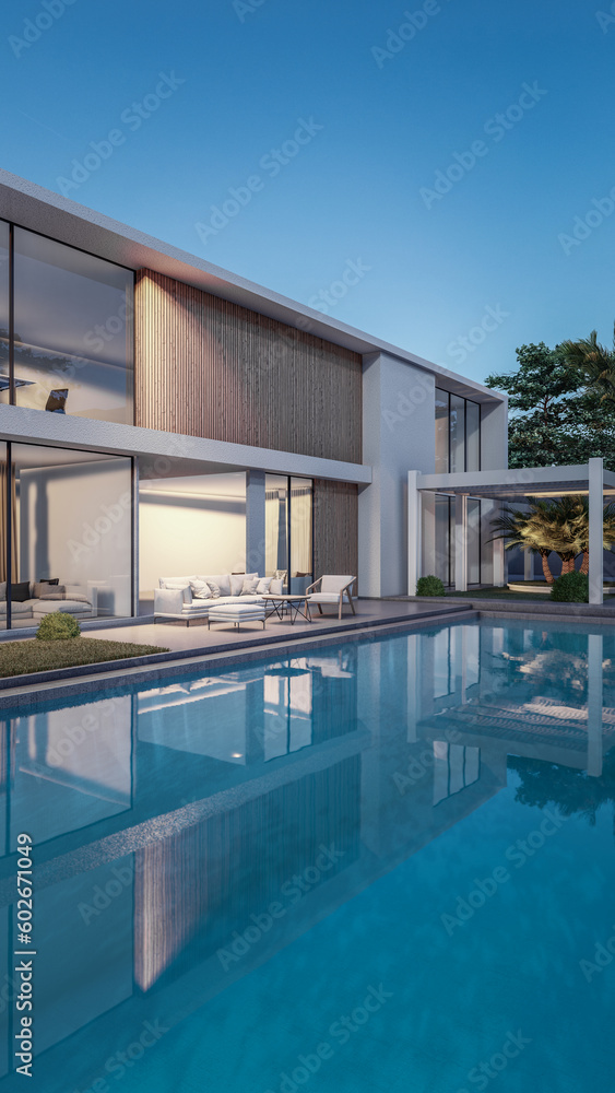 Fototapeta premium Architecture 3d rendering illustration of minimal modern house with natural landscape 
