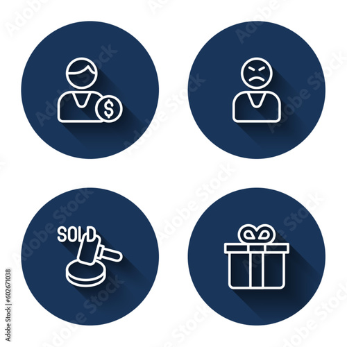 Set line Buyer, Angry customer, Auction hammer and Gift box with long shadow. Blue circle button. Vector