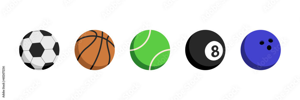 Sport balls vector icon set. Colorful balls for football, basketball, tennis, bowling and billiards symbol. Vector illustration sport balls with shadow