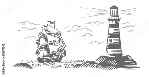 Lighthouse with sea ship. Hand drawn sketch sailing