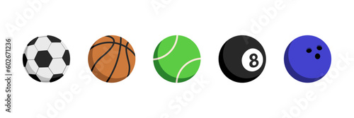 Sport balls vector icon set. Colorful balls for football, basketball, tennis, bowling and billiards symbol. Vector illustration sport balls with shadow