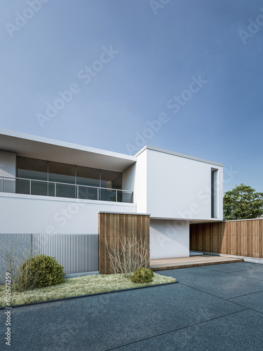 Architecture 3d rendering illustration of minimal modern house with natural landscape 