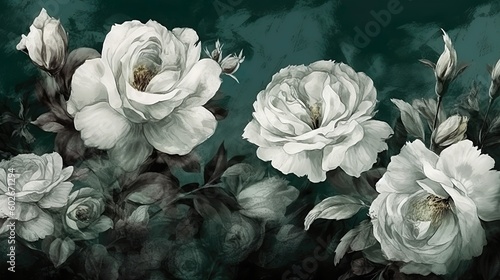 Fototapeta Naklejka Na Ścianę i Meble -  white peonies on dark green background, design art, rustic painting, background illustration. Generative AI