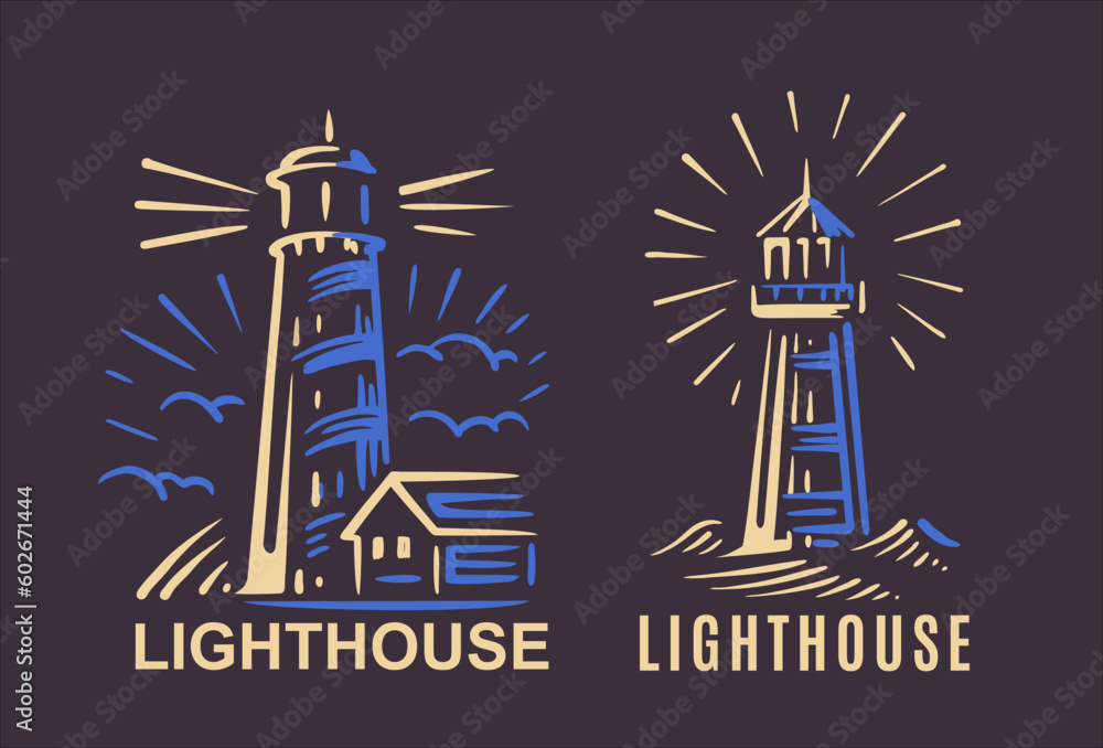 Lighthouse vector drawing on dark background.