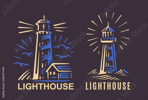 Lighthouse vector drawing on dark background.