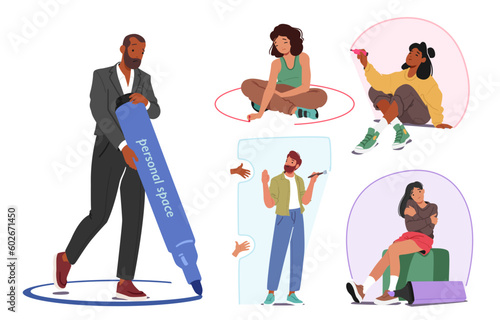 Set of Characters Need Personal Space Drawing Invisible Boundary That Defines One's Physical And Emotional Comfort