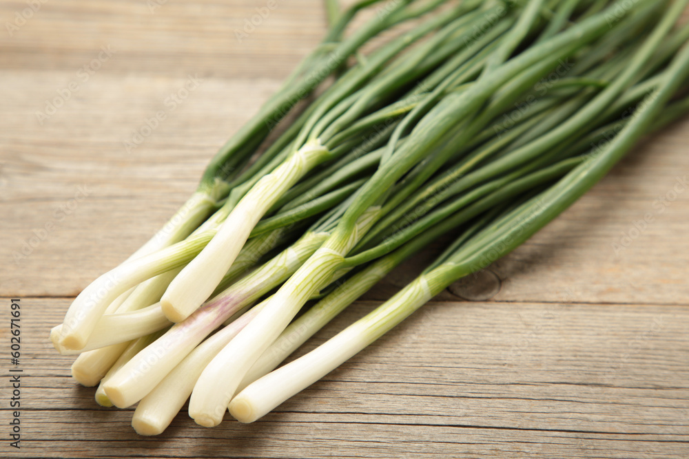 Green onion on a grey wooden background Green onion on a grey wooden background