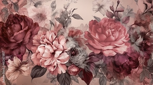 peonies art, rustic painting, background illustration, wallpaper mural art. Generative AI