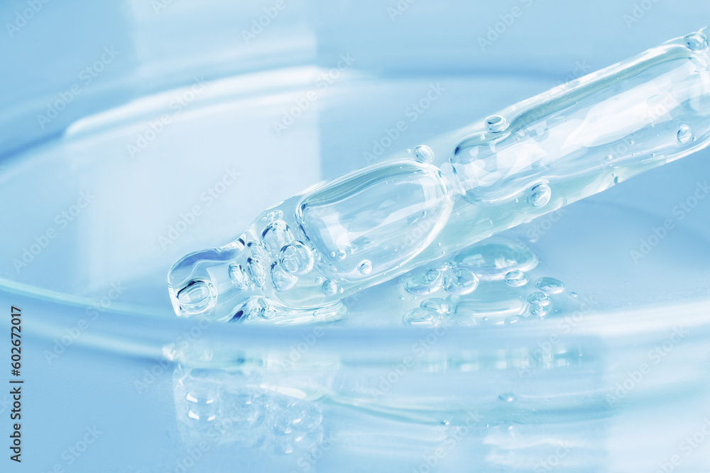 Transparent gel flowing from a pipette into a Petri dish. On a blue background. Close-up. Transparent gel flowing from a pipette into a Petri dish. On a blue background. Close-up.
