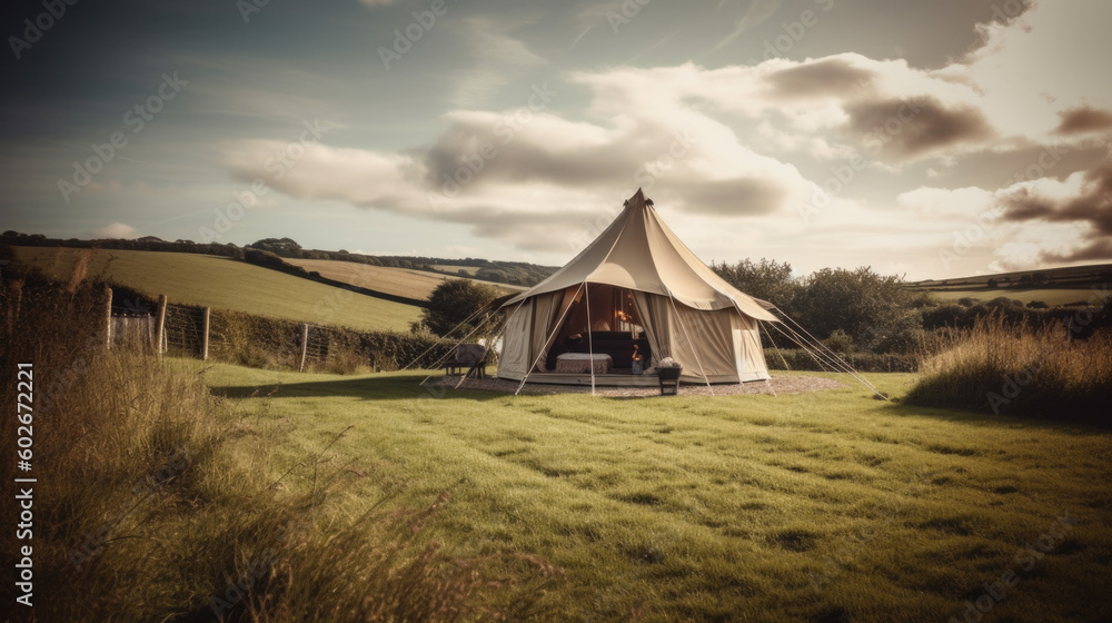a luxury camping tent on a meadow for outdoor holidays. Generative AI a luxury camping tent on a meadow for outdoor holidays. Generative AI