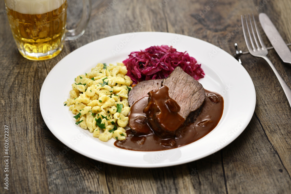 Sauerbraten (a German national dish, marinated braised beef) with Rotkohl (red cabbage), Spaetzle(small egg pasta)
