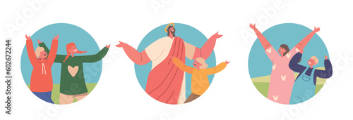 Jesus And Children Character Rejoice On Green Field, Surrounded By Joyful Smiles And Innocent Laughter
