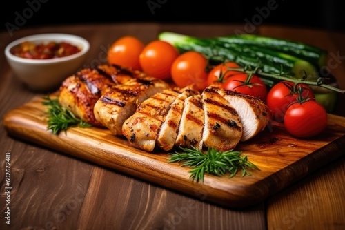 chicken and beef skewers - grilled meat with fresh vegetables on wooden background. Generated by AI