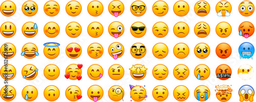 Big set of emoticons. Funny emoticons faces with facial expressions. Full editable vector icons. Detailed emoji icons. IOS emoji set.