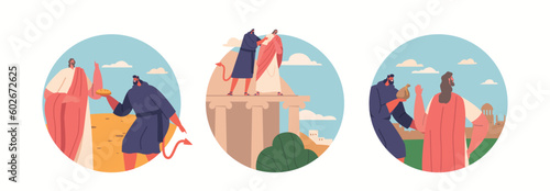 Isolated Round Icons With Jesus Faced Three Temptations From The Devil, Refusing Each Time, Cartoon Vector Illustration