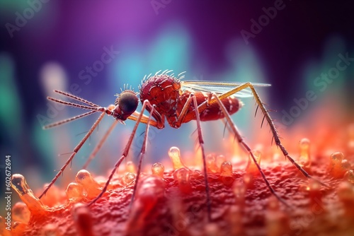 macro shot of a common mosquito on human skin, west nile virus infection, generative ai photo