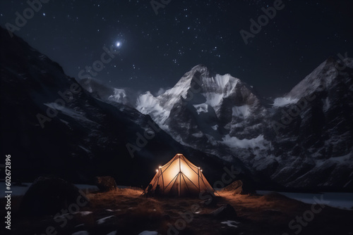 Tent lit at night in the snowy mountains at night with the sky full of stars. Generative AI. © JoseLuis