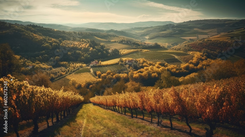a steep vineyard in autumn. Generative AI