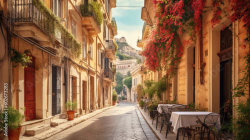 cozy little old street in summer in europe . Generative AI