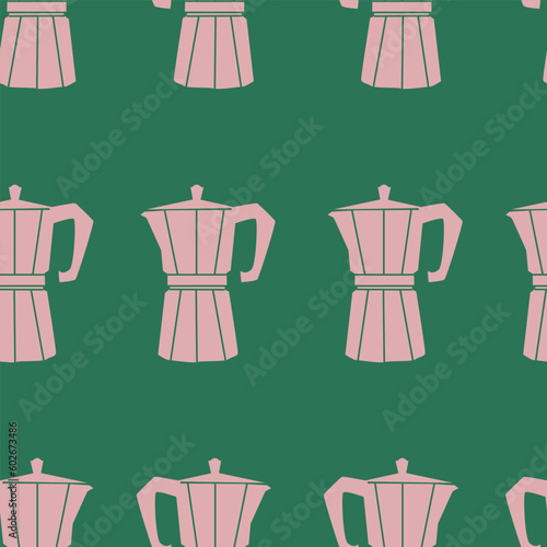 Vector illustration of seamless pattern of moka percolator coffee pot. Silhouette of a black moka pot is drawn with a stamp effect. . Design element for shop, market, packaging. 