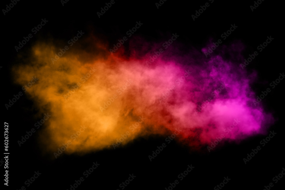 Abstract background with bright smoke illuminated by multicolored neon light. Unusual colorful fume. Magic steam on a black background. Smoke fantasy pattern. 