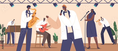 Jazz Soul Concert On Stage. Musicians, Singers, And Instrumentalists Characters Perform Live Entertaining With Rhythms