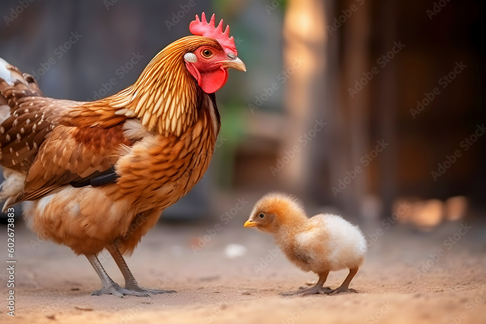 Fototapeta premium Brown adult mother hen teaches little fluffy chick. Education and learning, parents and children, teacher and student. Generative AI