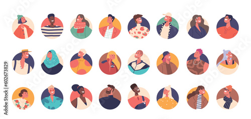 Set Of People Avatars With Diverse Ethnicities And Genders. Each Character Has Unique Features And Expressions