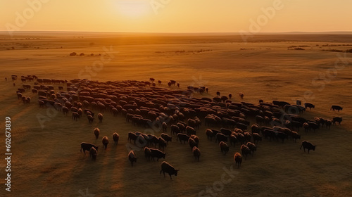 aerial view of a herd of cattle at sunset. Generative AI © jr-art