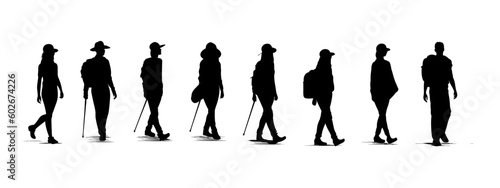 Set of walking young woman and men traveller silhouette