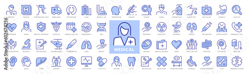 Medical line Blue icons set. Healthcare elements outline icons collection. Doctors, Hospital, Ambulance, Clinic, Patients, Pharmacy, Prevention, Research, First Aid - stock vector