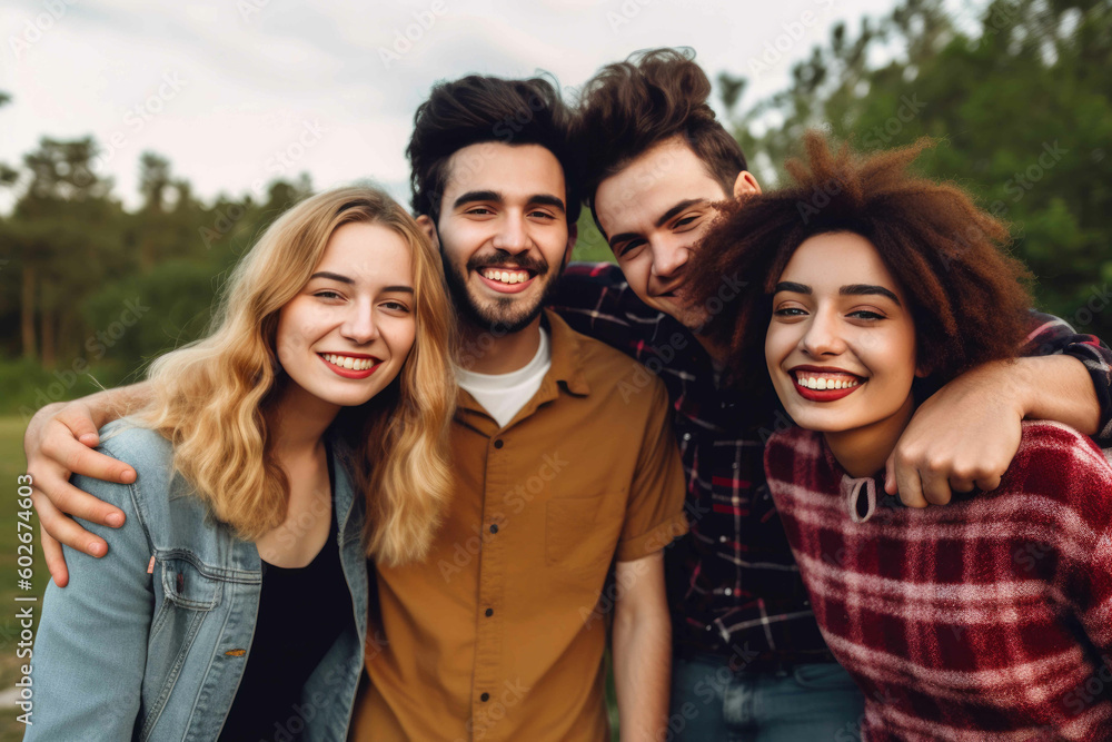 Group of happy young friends in summer clothes. Generative AI Group of happy young friends in summer clothes. Generative AI