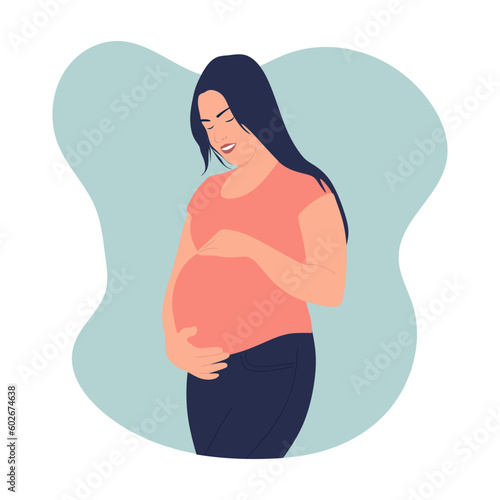 Pregnant woman, future mom, standing and hugging belly with arms. Pregnant young woman isolated on white background. Flat vector illustration