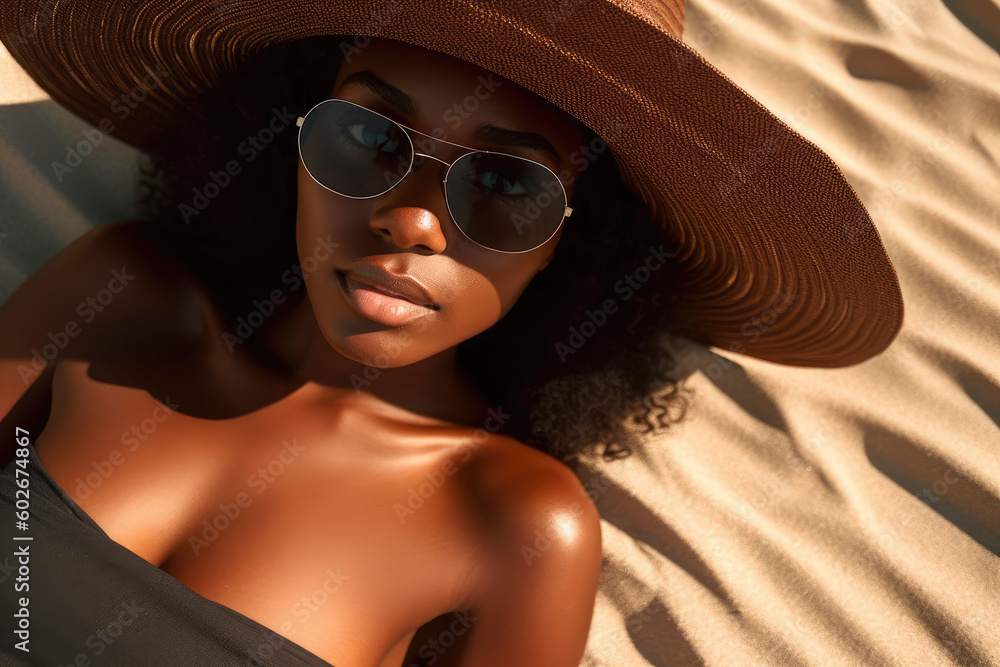 Beach Sun-Kissed Beauty. Stunning black sexy woman with straw hat basking in golden hour light, laying beach towel. African Bikini girl, skincare, summer and topless concept AI Generative Beach Sun-Kissed Beauty. Stunning black sexy woman with straw hat basking in golden hour light, laying beach towel. African Bikini girl, skincare, summer and topless concept AI Generative