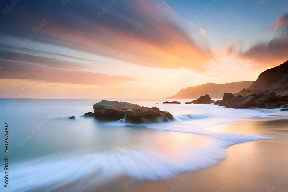 Naklejka premium Sea sunset in the golden hour, generative ai