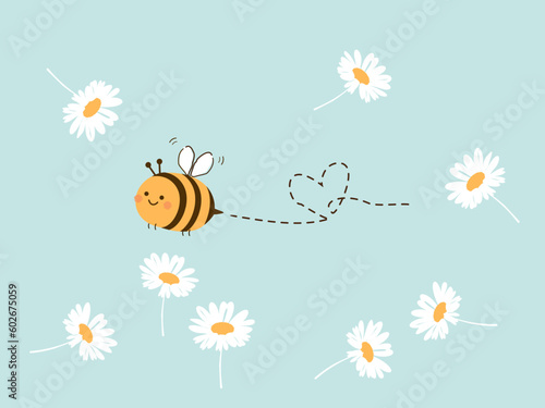 Daisy flower garden with bee cartoons on blue mint background vector. © Thanawat