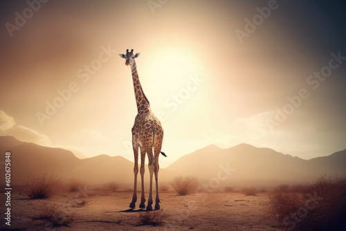 Close up of a giraffe standing in the middle of a field in South Africa. Generative AI