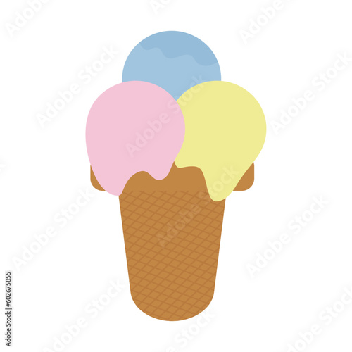 Multicolored ice cream in a waffle cup. Illustration in a flat style for the design of t-shirts, postcards