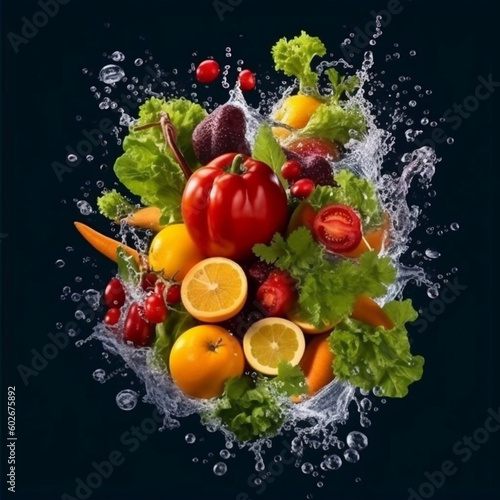 Fruits on black background with water splash. AI GENERATED