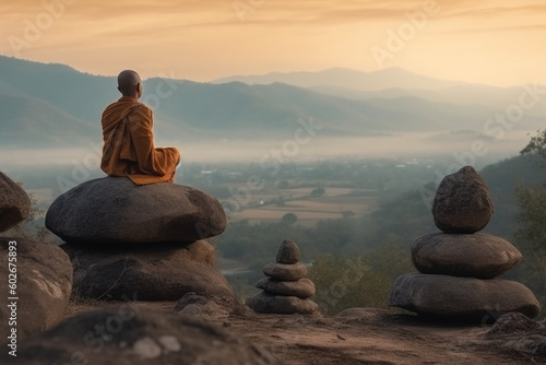 a monk sitting back and meditating near balancing stones, scenic view, relaxing atmosphere Generative AI