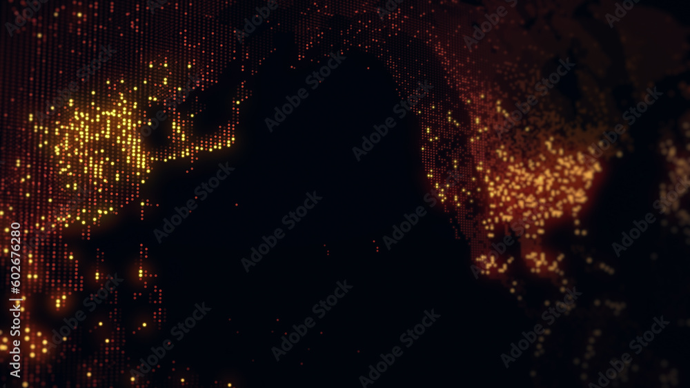3D rendering of a digital map of the Earth. The lights of megacities merge in a soft glow