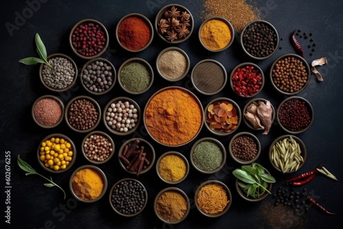 Traditional seasoning spices on wooden table, exotic. Generated by AI