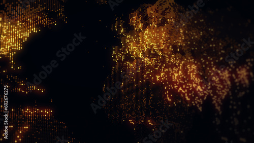 3D rendering of a digital map of the Earth. The lights of megacities merge in a soft glow