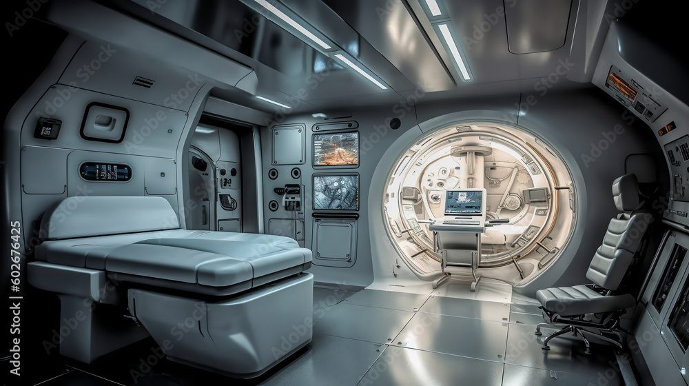 Modern medical office on spaceship. Stylish futuristic room with medical equipment. Generative AI Modern medical office on spaceship. Stylish futuristic room with medical equipment. Generative AI