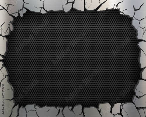 Hole in a broken metal plate. Place for text. Vector Template