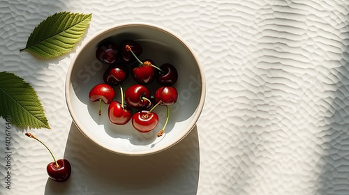 top view on a bowl with red cherries. Generative AI