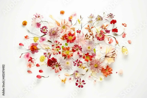 Flowers are arranged in an abstract shape on a white background. Generative AI