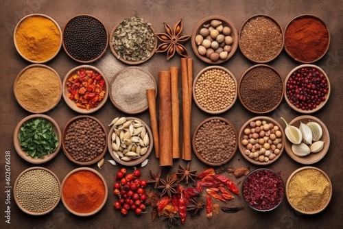 Traditional seasoning spices on wooden table, exotic. Generated by AI